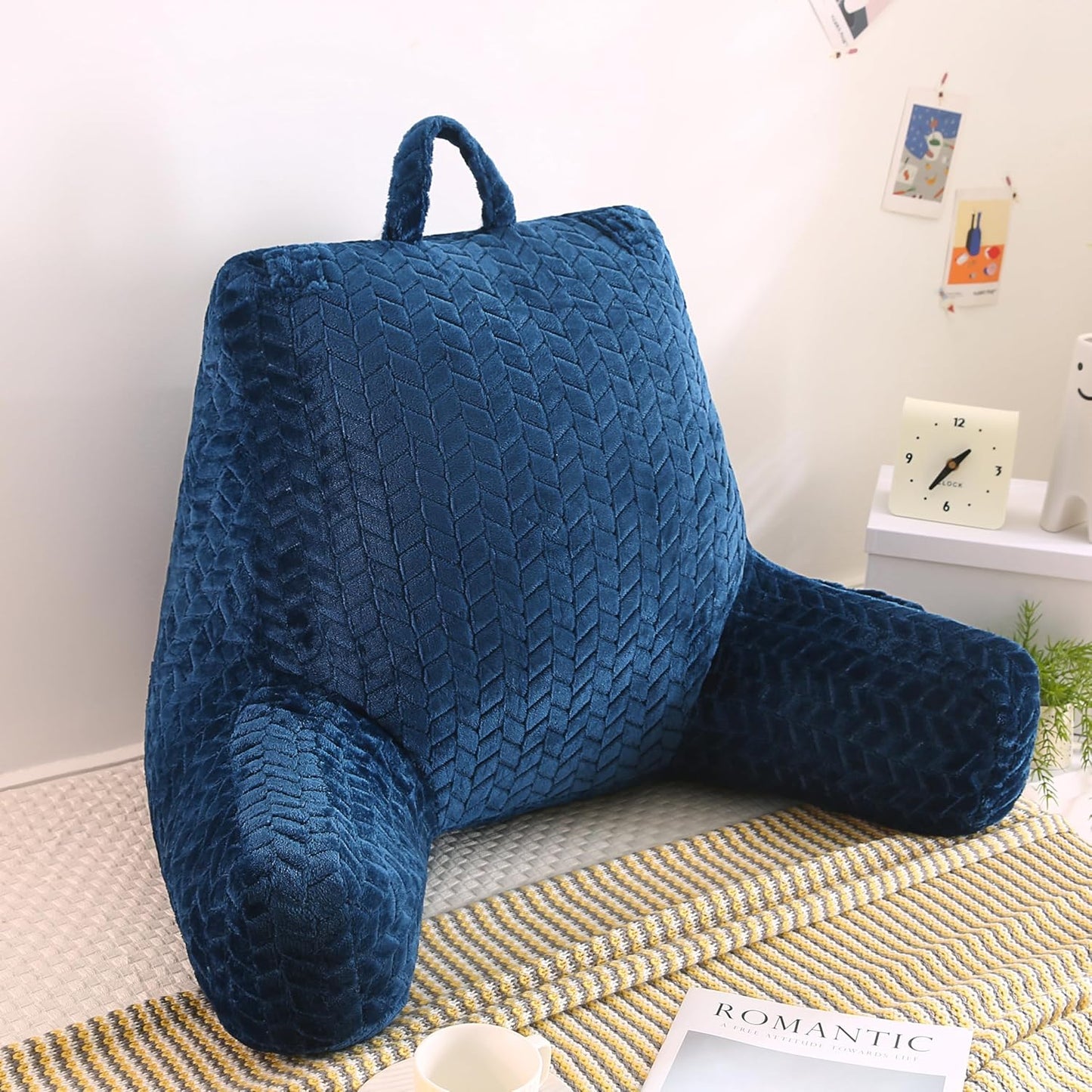 Adult Bed Reading Pillow, Filled with Memory Foam Backrest Pillow, with Armrests to Support The Back and Arms, Suitable for Sofas and Seats, Removable Pillowcase, Blue