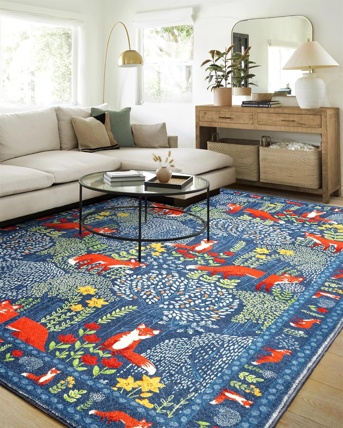 Cute Woodland Forest Living Room Rug Vibrant Blue Botanical Floral 8x10 Area Rug Washable, Whimsical Nature Animals Kids Rug Boho Vintage Aesthetic Carpet for Nursery Dining Room Entryway Bedroom