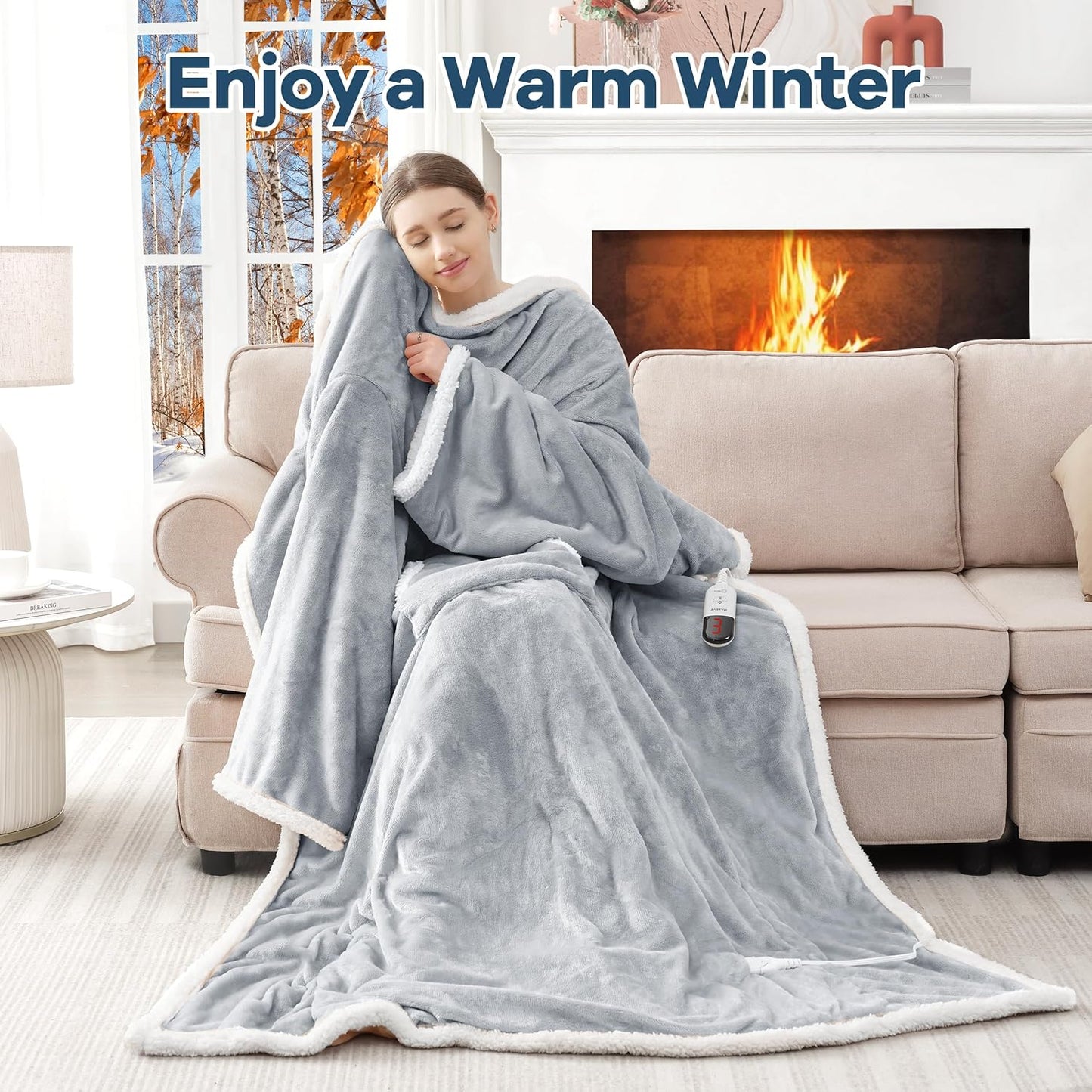 Heated Blanket Wearable Electric Blanket with Foot Pocket and Sleeves, Heating Throw Blanket, Electric Snuggle Blankets, 6 Heating Levels Setting & 4 Hours Auto Shut Off, Machine Washable (Long,Grey)