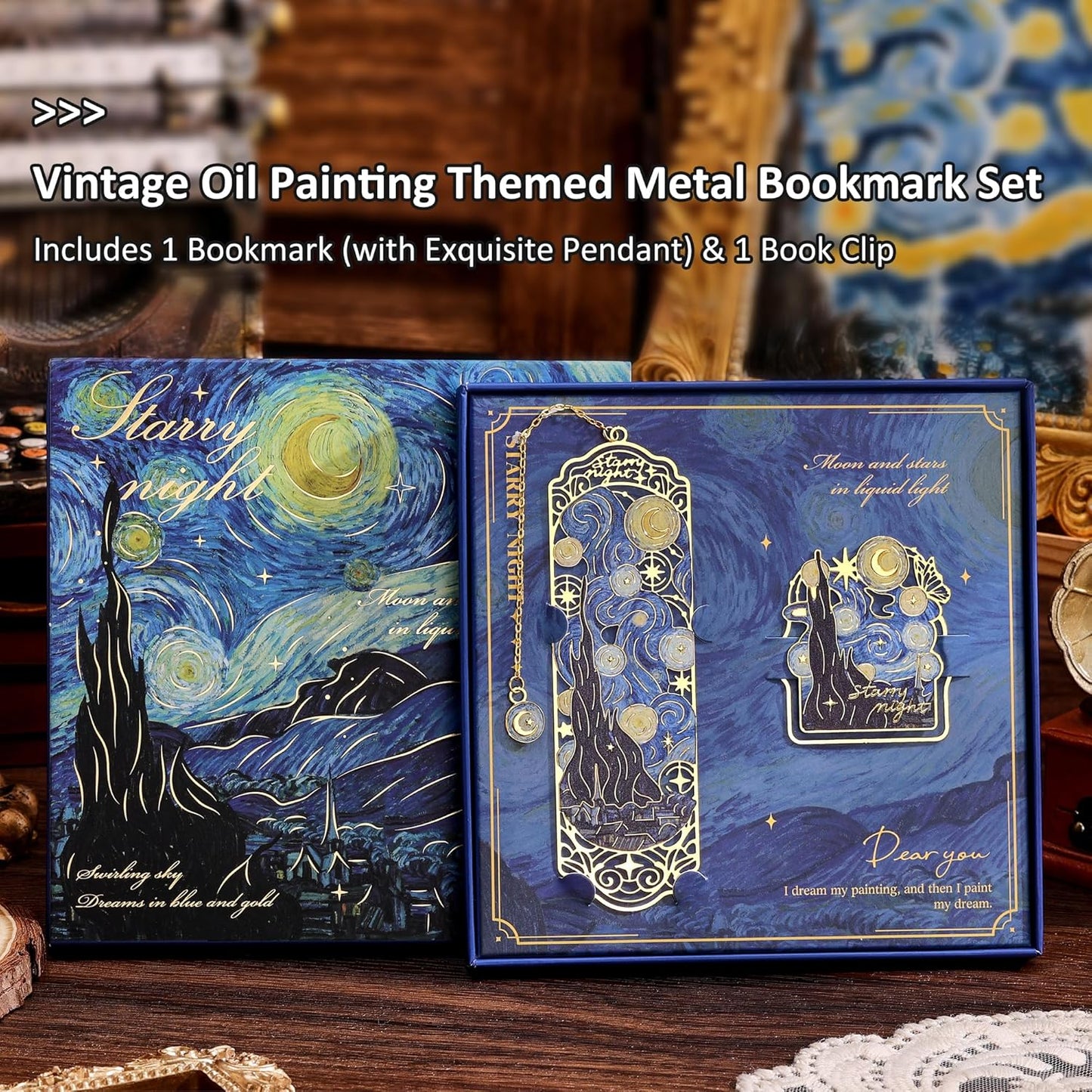 Luxury Metal Bookmark & Book Clip Gift Set, Oil Painting Themed Starry Night, 1 Bookmark with Pendant + 1 Book Clip, Elegant Christmas New Year Gift Box for Women Book Lovers Writers Readers Teens