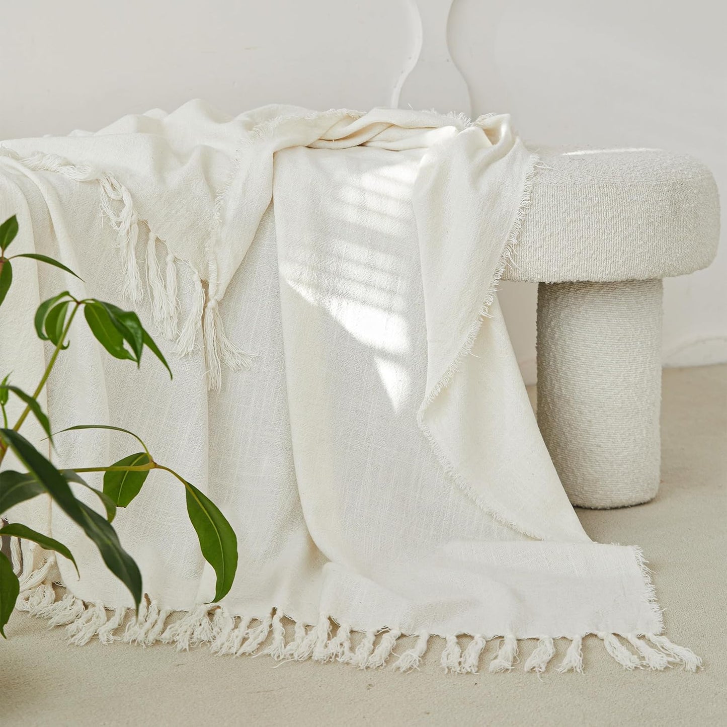 Simple&Opulence Boho Fringed Linen Throw Blanket for Bed, Couch, 50”x70” Pre-Washed Vintage Decorative Woven Blanket with Tassels, Breathable Durable Cozy Farmhouse for All Seasons (Ivory)