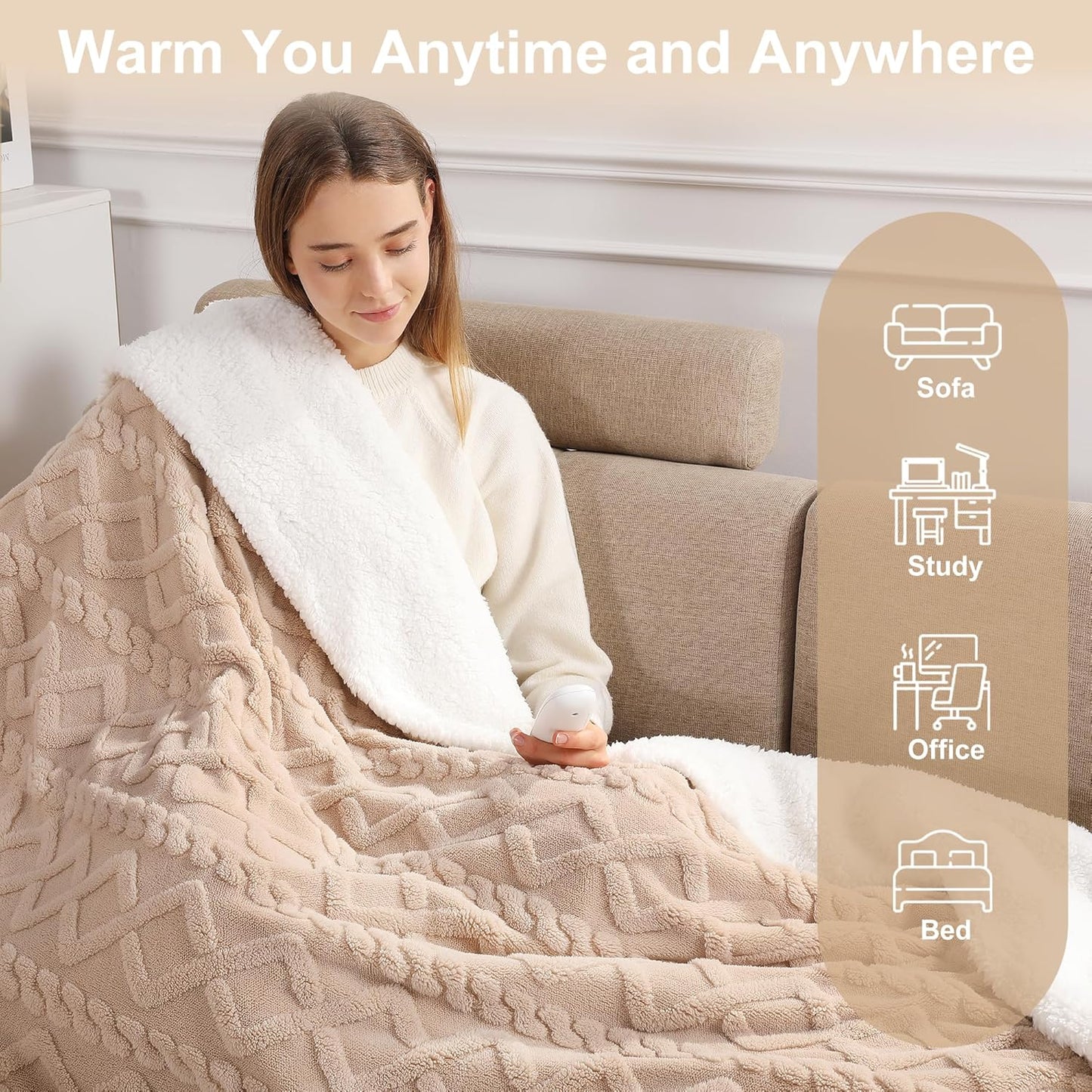 Electric Blanket Twin Heated Blanket 62''X84'' with 5 Heating Levels & 10 Hours Auto Off, ETL& FCC Certification Dual Sherpa Twin Heating Blanket Washable for Home/Office/Bed, Great Gift(Beige)