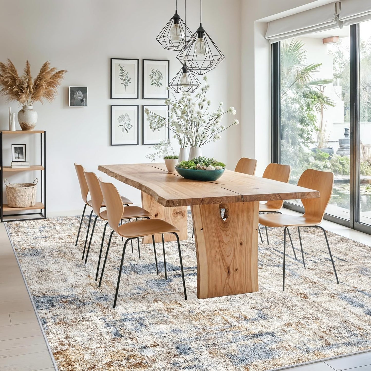 7x7 Square Washable Area Rug, Non-Slip Indoor Rug for Living Room Bedroom Dining Room, Low Pile Stain Resistant Modern Abstract Neutral (Blue Brown)