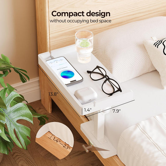 Wealone Adjustable Bedside Shelf for Bed, White College Dorm Room Essentials, Bamboo Bed Side Tray Table with Sturdy Metal Pole, Clip On Nightstand Organizer for College, Apartment, Bunk Beds