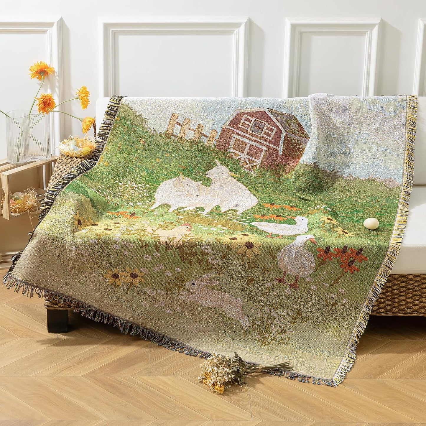 Phantoscope Easter Blanket Soft Jacquard Knitted Throw Blanket with Tassel, Warm Cozy Blankets with Farm Animals Blankets for Couch Living Room Bedroom, Green, 50 x 60 inches