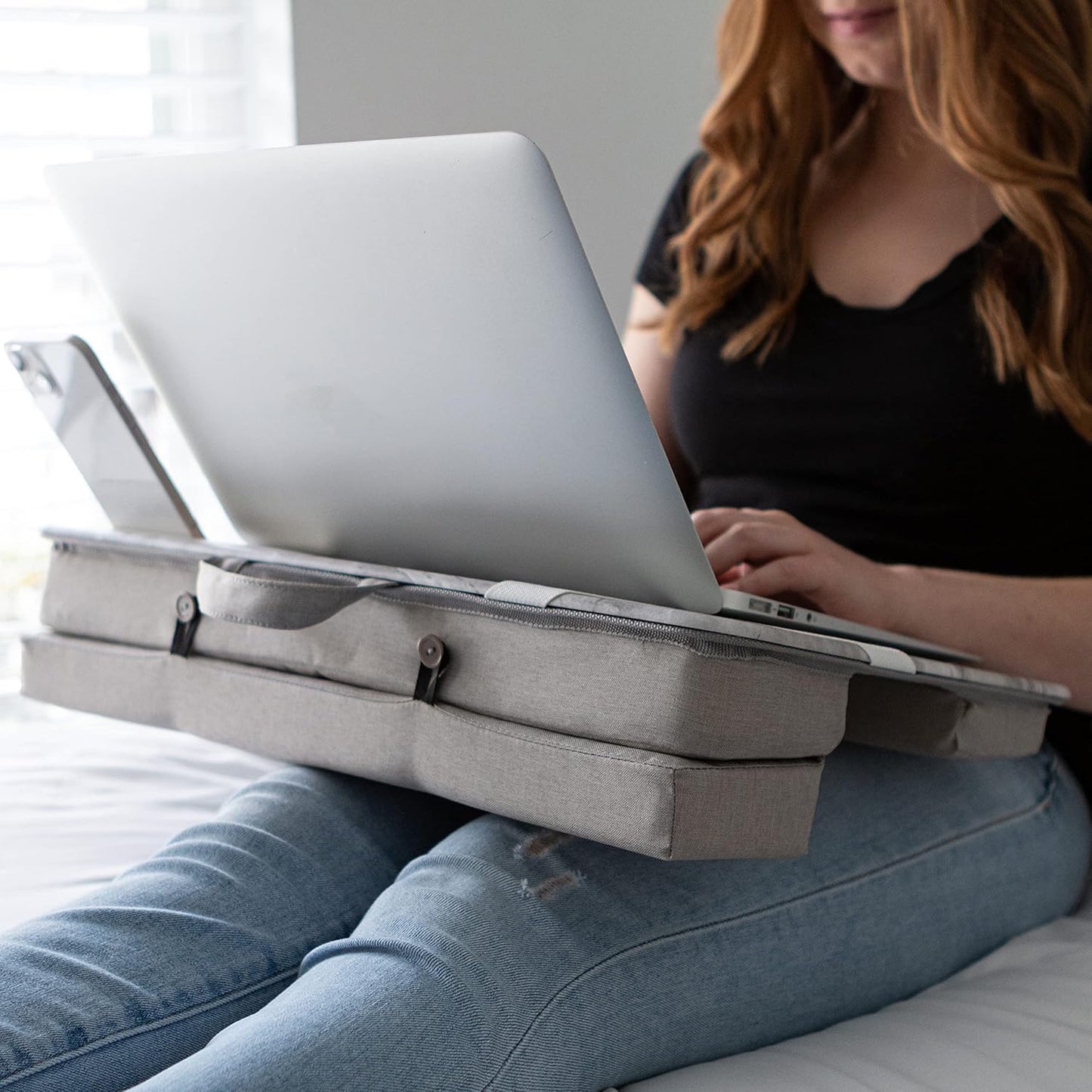 LAPGEAR Elevation Lap Desk with Device Ledge, Phone Holder, and Booster Cushion - White Marble - Fits up to 15.6 Inch Laptops - Style No. 87966
