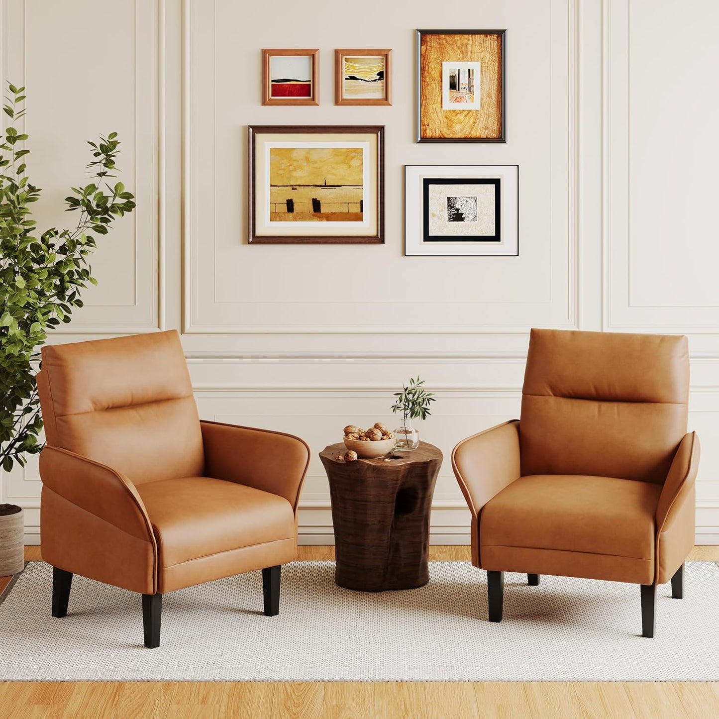 Aklaus Morden Accent Chair with PU Leather Armrest,Upholstered Chairs Lounge Faux Leather Reading Chairs Side Sitting Farmhouse Mid Century Chair for Living Room, Bedroom, Balcony Brown