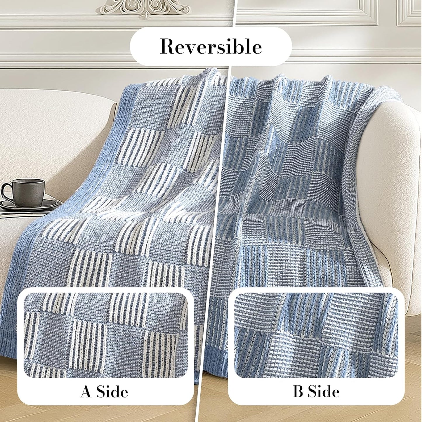 Amélie Home Checkered Knit Throw Blanket for Couch, Chenille Texture Decorative Soft Blanket for Sofa & Chair, 60"x80", Blue & Ivory