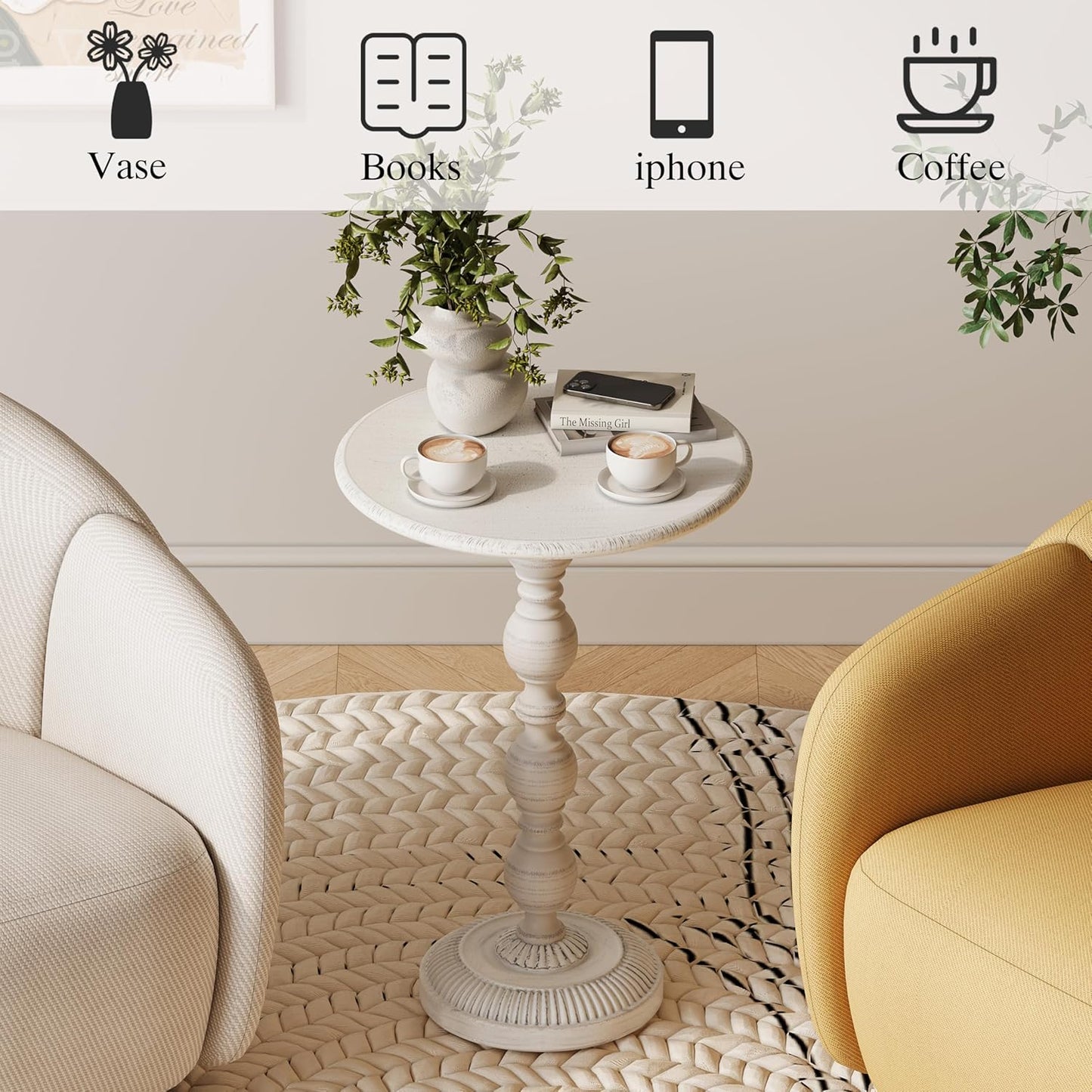 Small Round Metal Side Table, Lightweight Decorative Drink Table with Vintage Roman Column, Retro Distressed Accent Table for Living Room, Bedroom, Corners (2, Antique White)