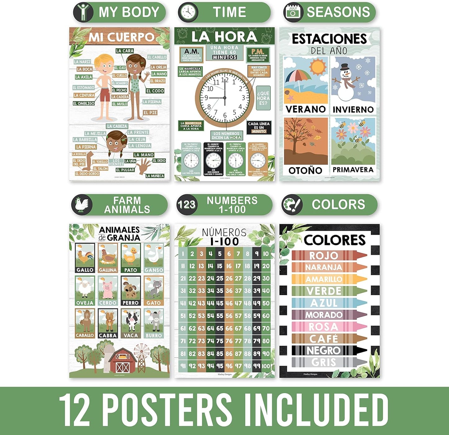 Hadley Designs Spanish Classroom Decorations - 12 Spanish Posters for Classroom Elementary, Abecedario para Niños en Español, Laminated Farmhouse Bilingual Educational Posters 11x17