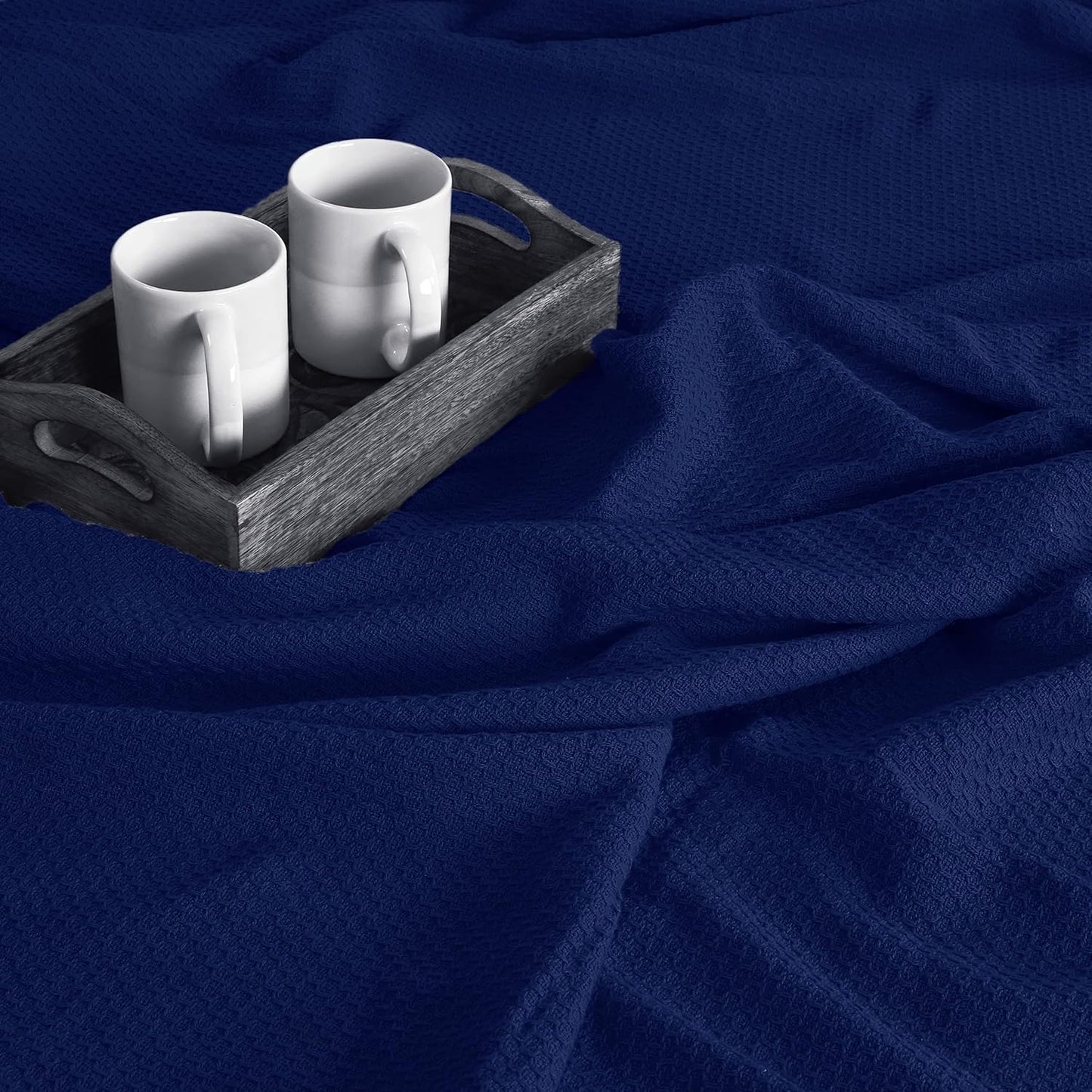 BOUTIQUO 100% Cotton Bed Blanket, Breathable Thermal Blanket King Size, Soft Honeycomb Waffle Blanket 90"x102", Cotton Bed Blanket, Perfect for Layering Any Bed for All Season, Navy Blue
