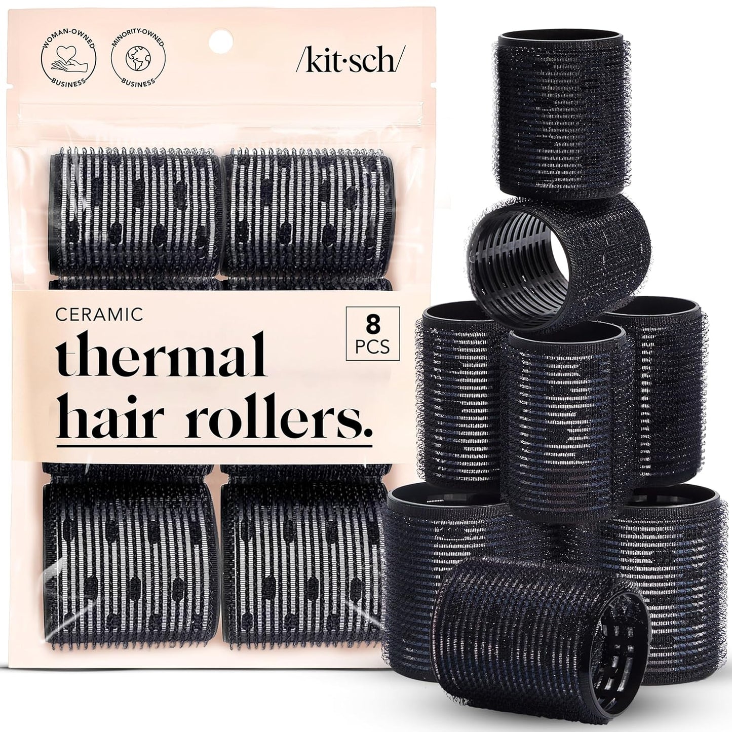 Kitsch Ceramic Thermal Hair Rollers for Women – Self Grip Hair Curlers for Heatless Curls Overnight, Long Lasting Frizz-Free Curls Volumizing Large Rollers for All Hair Types - Black, 8pcs