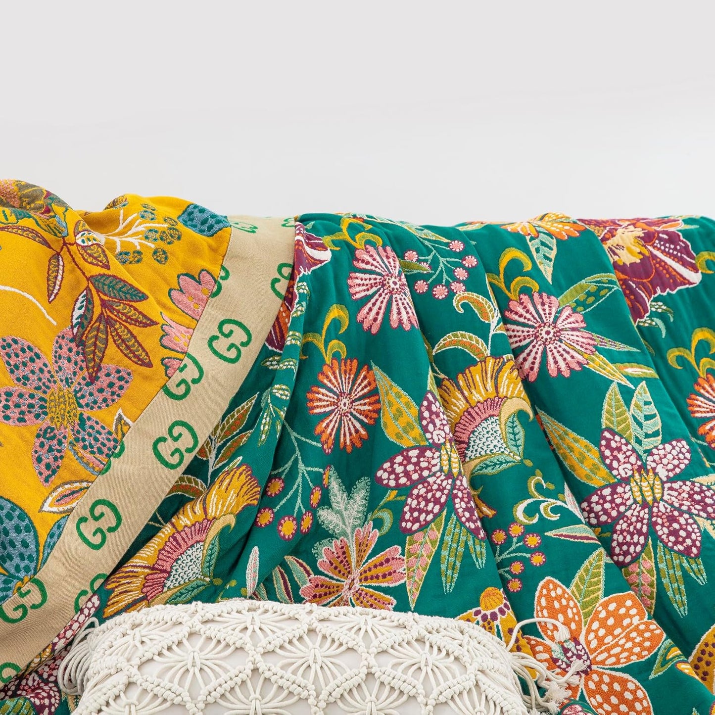 100% Muslin Cotton Throw Blanket for Bed Couch Chair, Bohemian Floral Colorful Retro Quilt Ultra Soft Reversible Gauze Blanket for All Season, 80"x90"