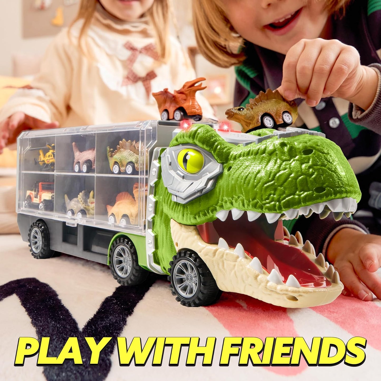 JOYIN 13 in 1 Dinosaur Toys for Kids 3-5, Dinosaur Truck with 12 Pull Back Cars, Birthday Gifts Toys for 3 4 5+ Year Old Boy, Transport Carrier Truck for Toddlers, Easter Kids Gifts
