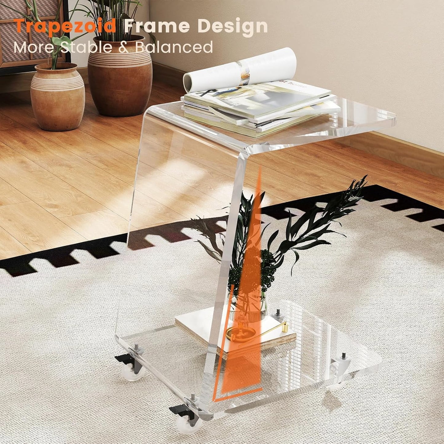 2-Pack C Shaped Side Table for Sofa, Heavy Clear Acrylic Mobile End Table on Wheels, Modern Rolling Snack & Drink for Living Room & Bedroom, Space-Efficient Design with Sturdy Construction, 15mm Thick