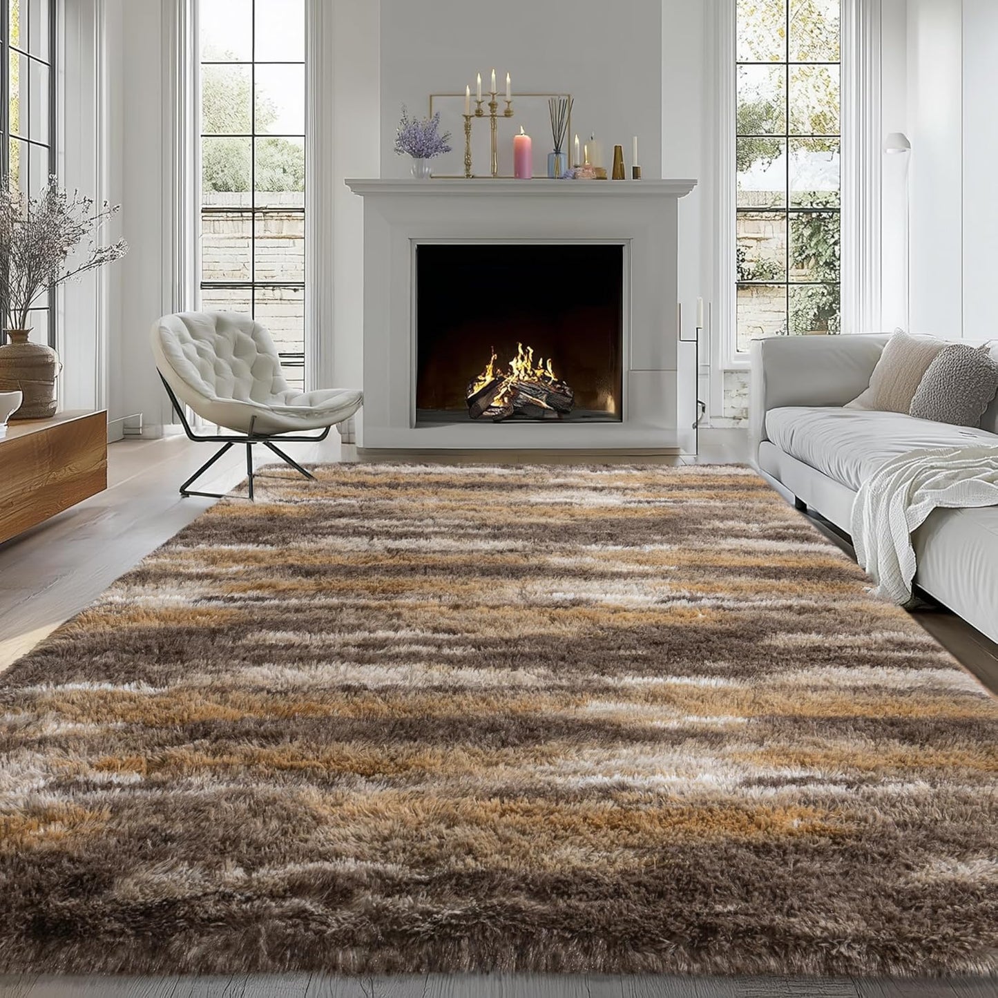 Fluffy Rugs for Bedroom Living Room, 4x6 Feet Abstract Brown Shag Area Rugs, Non-Slip Indoor Modern Fuzzy Plush Floor Carpet for Dorm Nursery Kids Room Decor, Soft Shaggy Throw Rug
