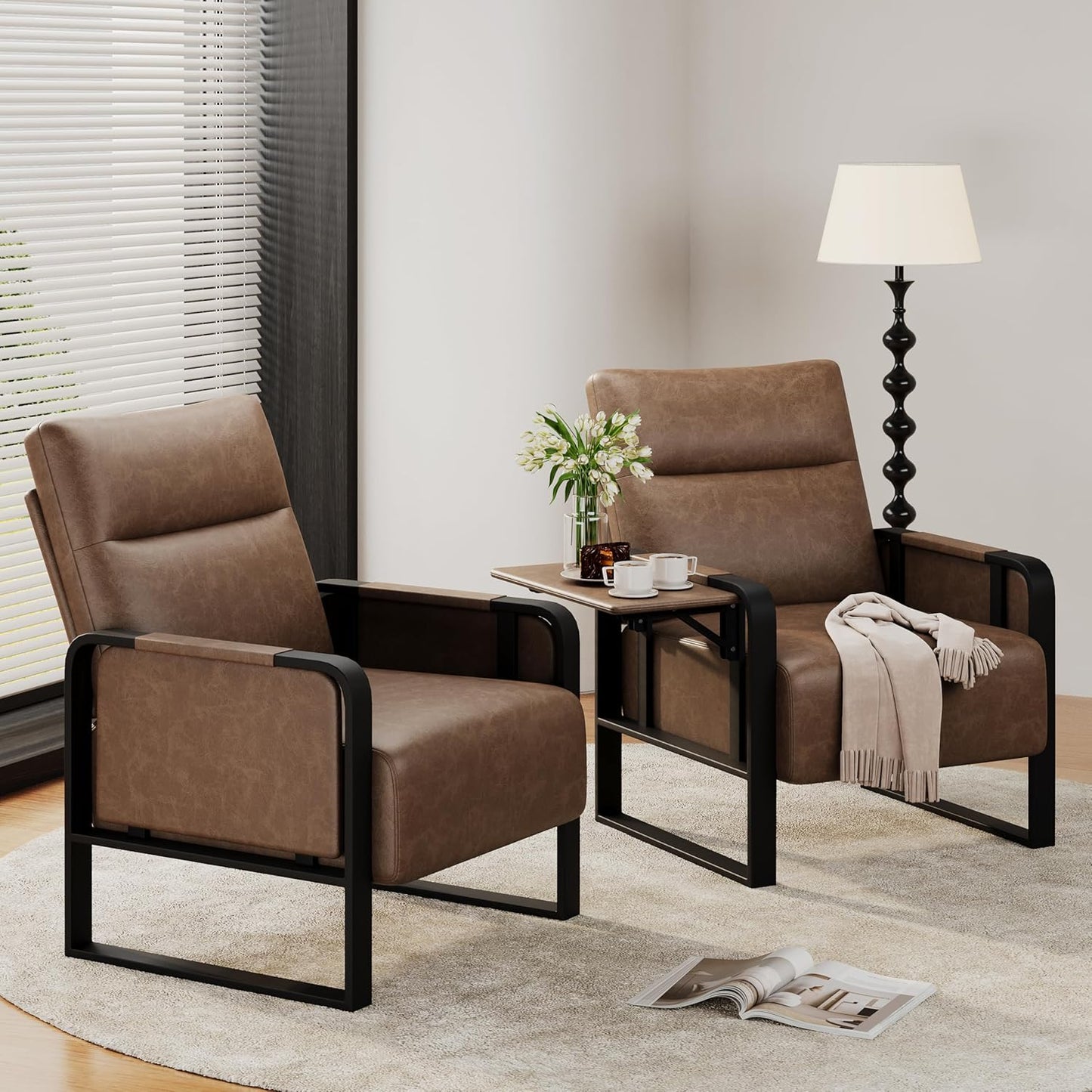 Upholstered Living Room Chair Armchair, Mid Century Faux Leather Metal Accent Chair, Reception Couch Office Guest Chair Slipper Club Lounge Single Sofa with Sidetable for Bedroom-Brown