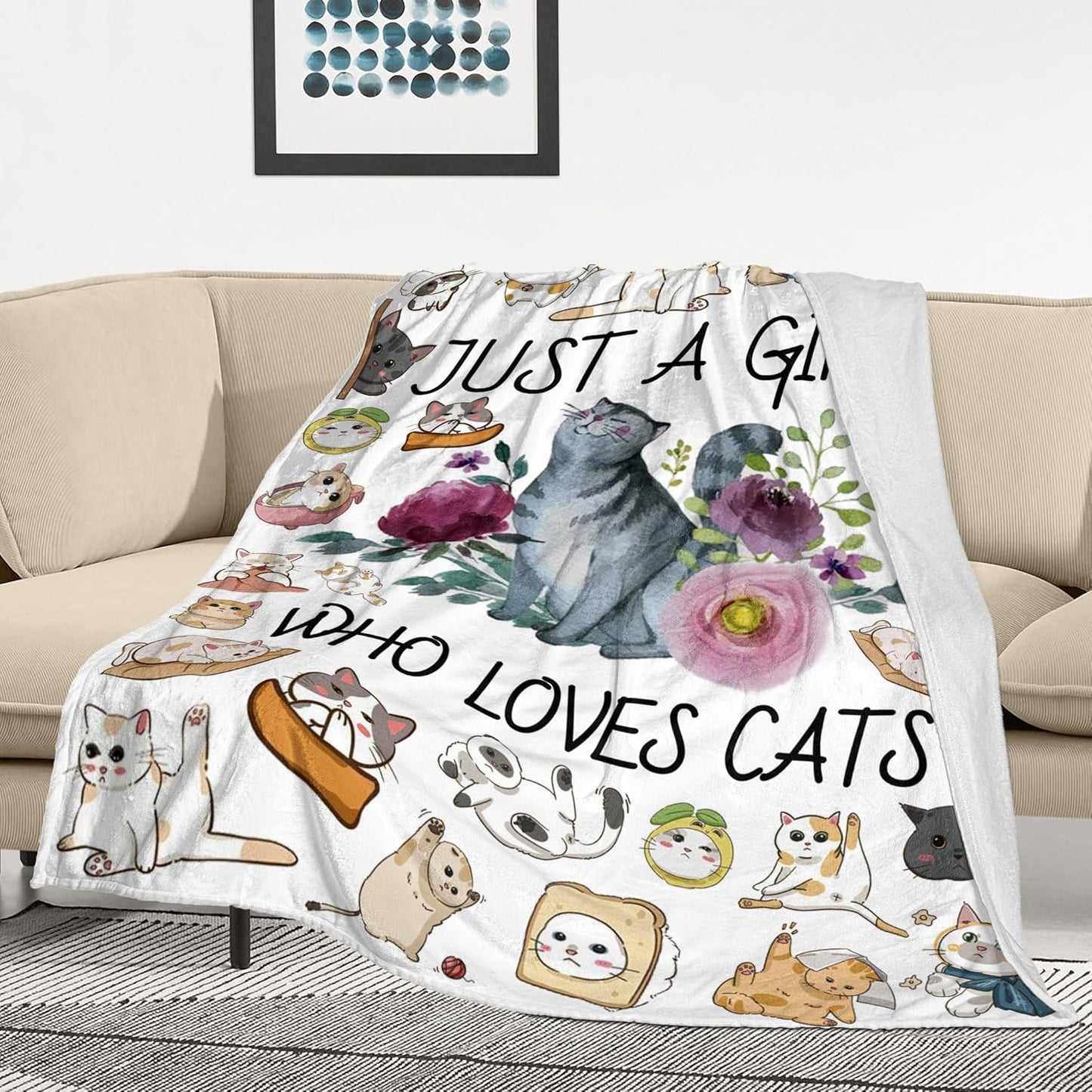 Cat Blanket Ultra Soft Flannel Throw Blanket Just a Girl Who Loves Cats Blankets Cats Gifts for Cat Lovers Cozy Lightweight Blankets for Women Kids Adults 50"X 40"