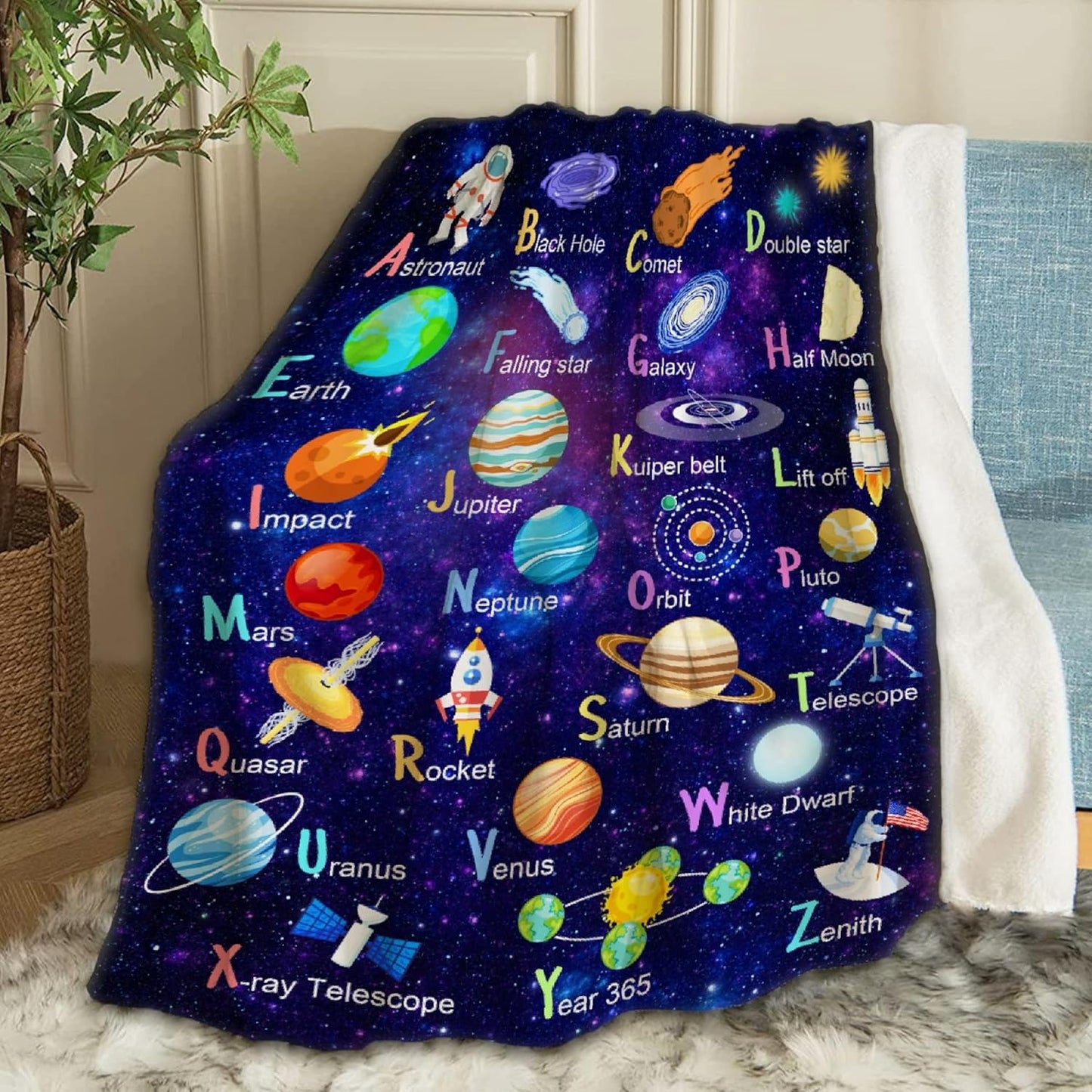 Space Alphabet Throw Blanket Fannel Fleece Super Soft Funny Blanket Travel Throw Blanket for Bed Couch Sofa 40 x 50 Inch for Kid