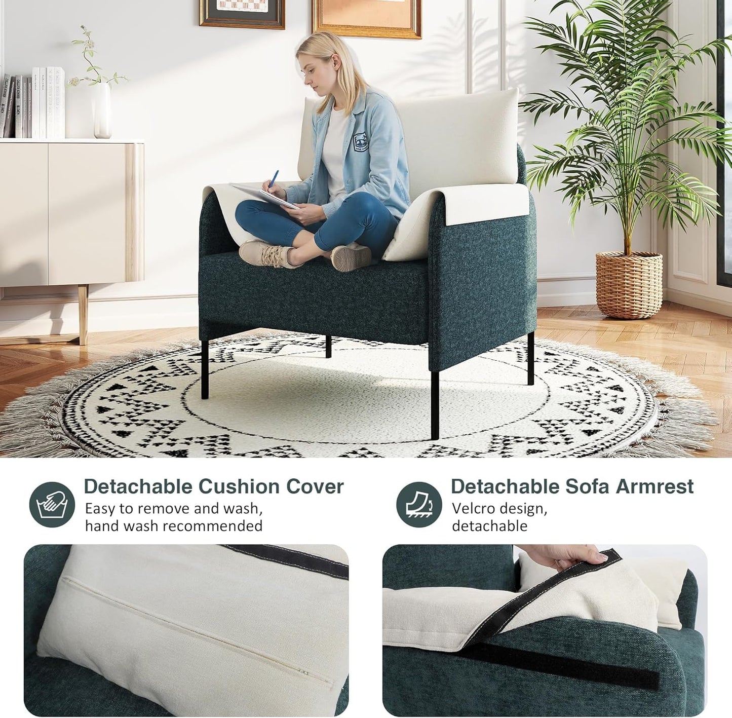 LSSPAID Accent Chair, Modern Comfy Linen Upholstered Armchairs with Removable Pillowed Back and Armrests, Sturdy Metal Frame Living Room Chair, Dark Green