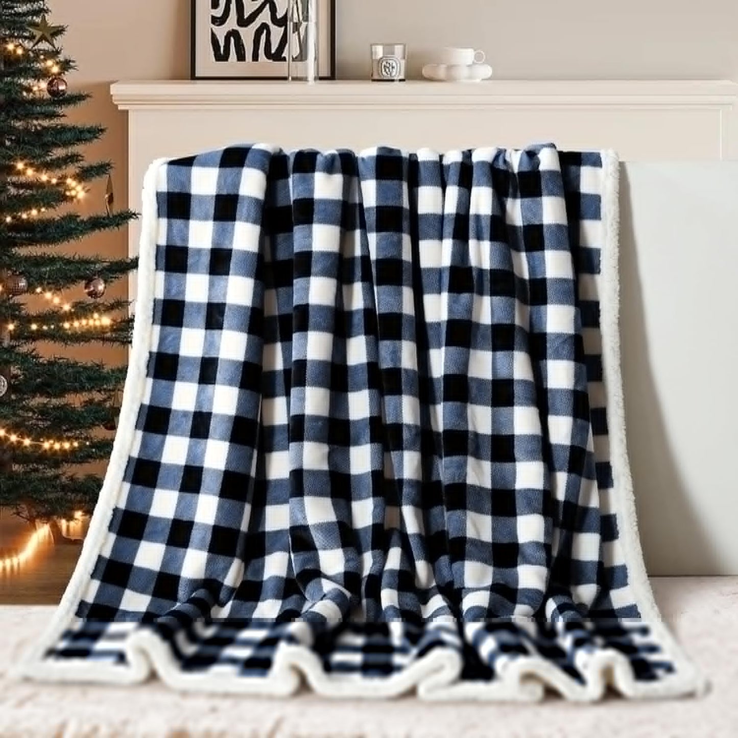 BEAUTEX Sherpa Fleece Throw Blanket, Super Soft Warm Buffalo Plaid Plush Blankets and Throws, Lightweight Cozy Fuzzy Blanket for Couch Sofa Bed (NavyBlue, 50" x 60")