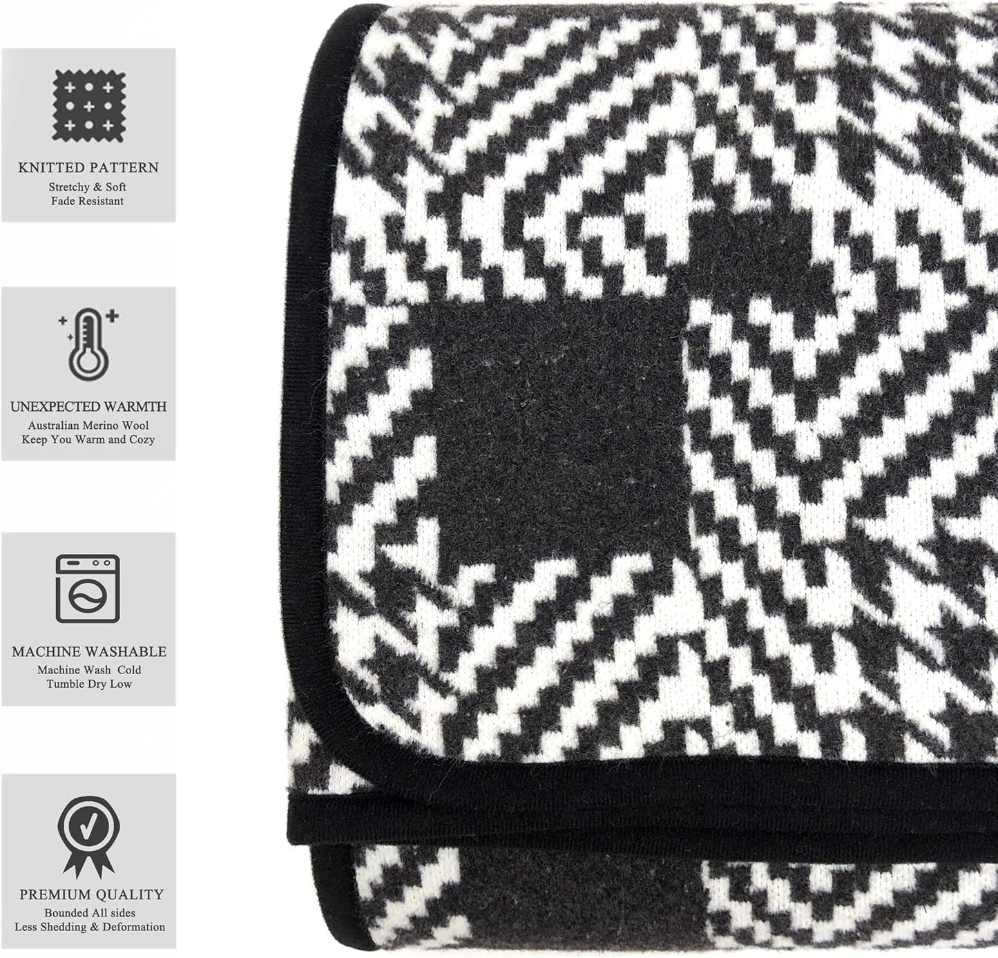 PuTian Merino Wool Blanket - 63" x 51" Thick Warm Soft Twin Bed Throw - Great for Camping, Outdoors, Travel, Car, Couch, All Seasons Houndstooth Black