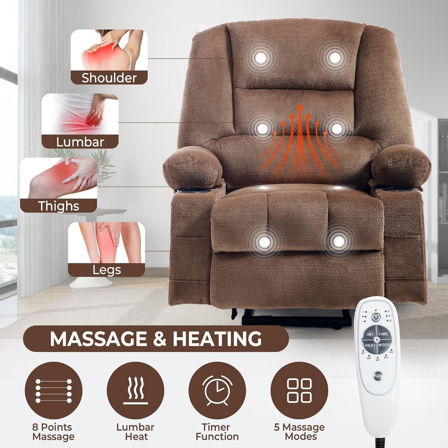 Overstuffed Fabric Electric Massage Recliner Chair for Elderly People with Heat with USB Port Cup Holder Brown Power Lift Recliner Chair for Seniors Adults