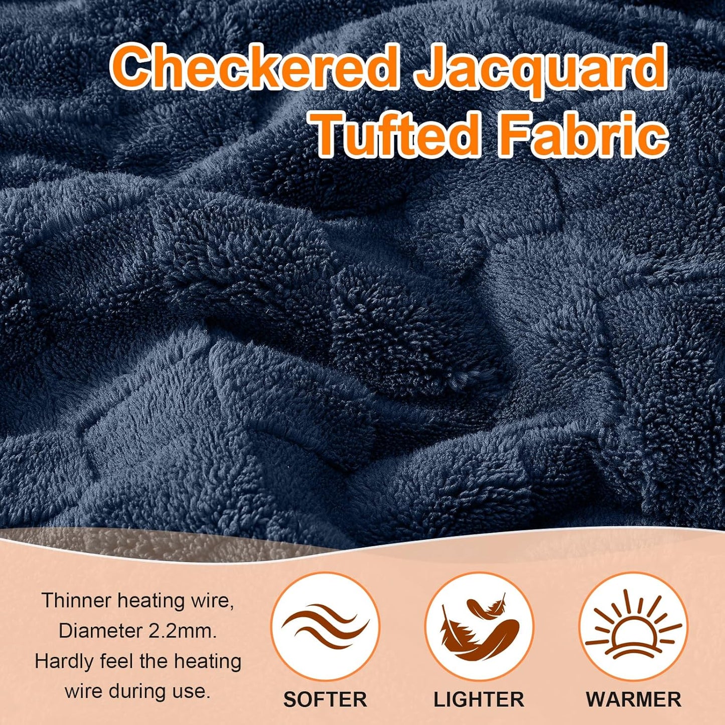 Electric Heated Throw Blanket - Jacquard Checkered Sherpa 50"x60" Fast Heating Bed Blankets with 6 Heating Levels & 4 Hours Auto Off, Over-Heat Protection ETL, Navy Blue