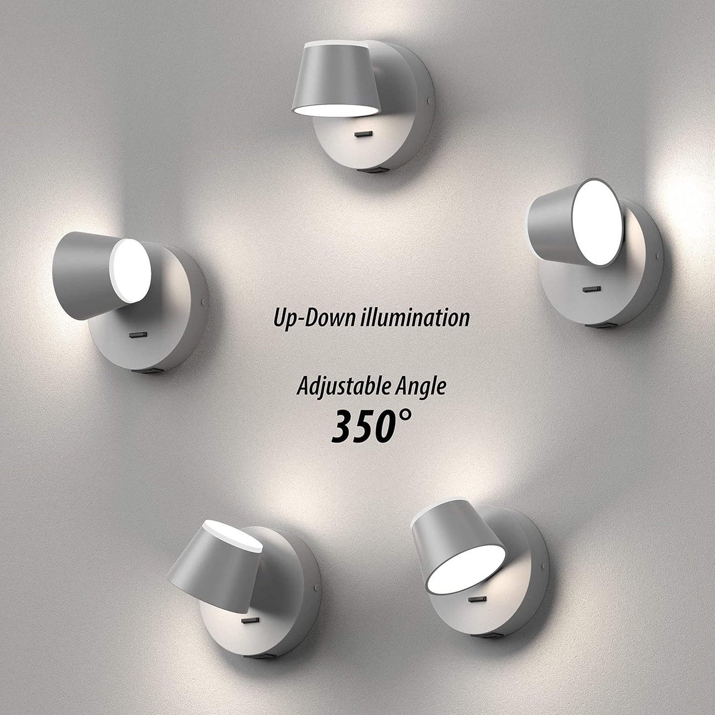 URSOLA Wall Light LED Wall Sconce with On/Off Switch USB Charging Port 110 Volt Hardwired Wall Lamp 350 Rotatable Up Down Sconces Wall Lighting (Grey)