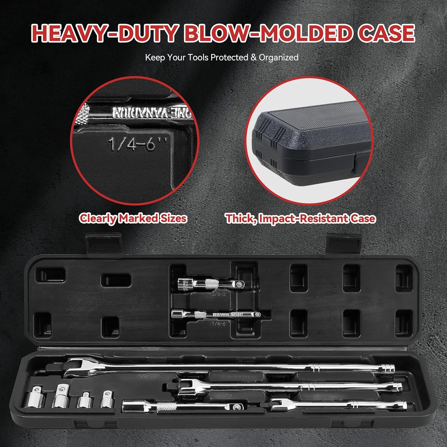 10 Piece Breaker Bar Set, 3/8" , 1/2" and 1/4" Drive, 180° Rotatable Head, 6'', 10'', 15'' Length, 3 Extension Bars, Organizer Case