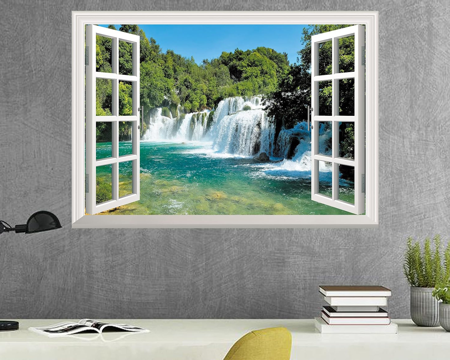 FLFK Fake Window Wall Sticker - Waterfall Faux Window Wall Mural for Wall Decor, Stick and Peel Wall Decals,24"x16"