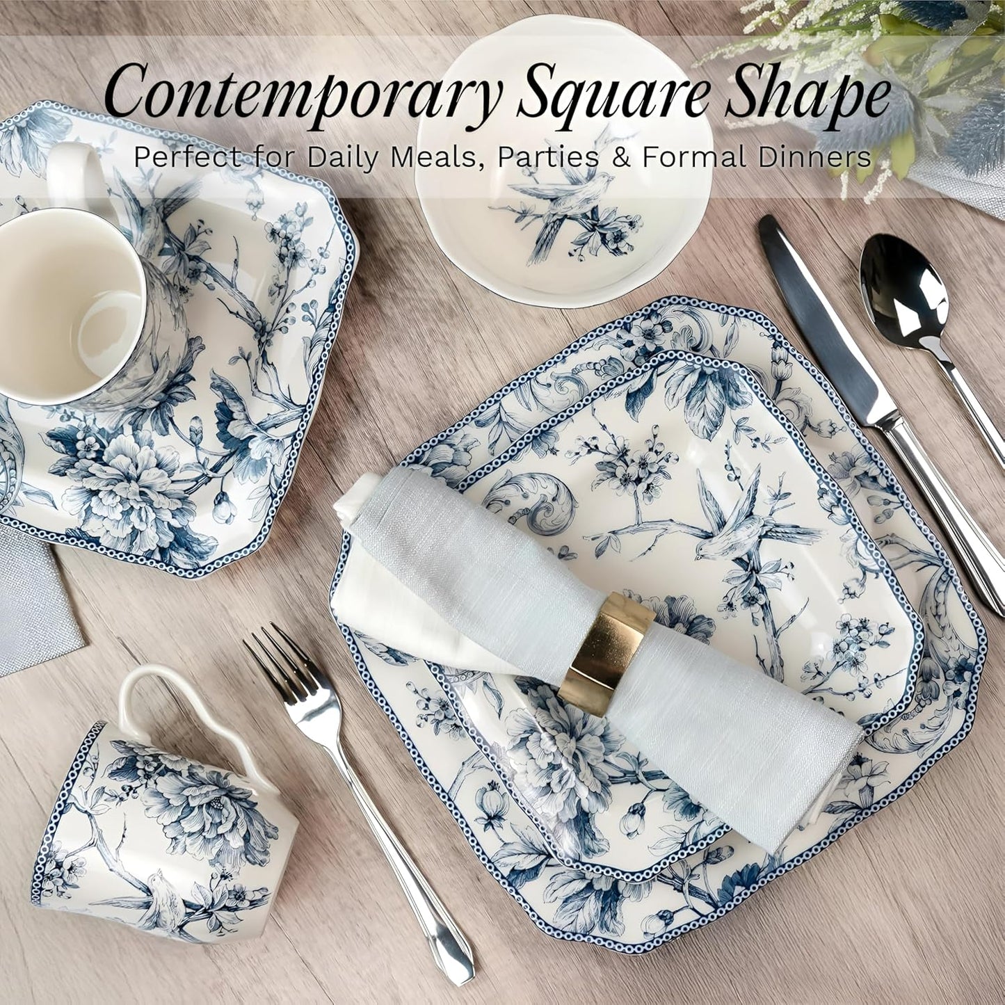 222 Fifth Adelaide 16-Piece Floral Porcelain Dinnerware Set | Microwave and Dishwasher Safe Dining Set for 4 | Stackable and Chip-Resistant Plates Bowls and Cups | Gift for Housewarming and Wedding