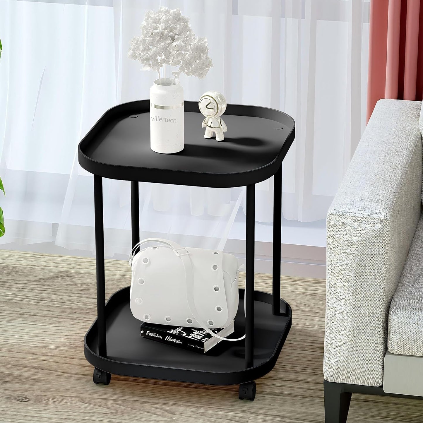 Side Table with Wheels, End Table Living Room Plastic Mobile Sofa Side Table Small Night Stand Bedroom Black