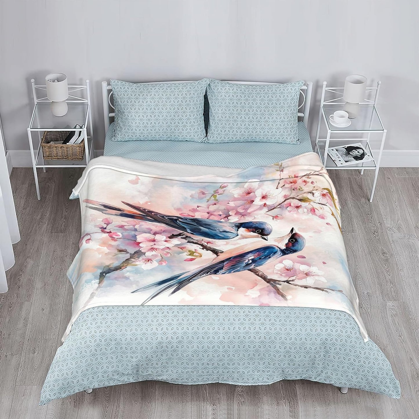 Cute Birds Fall Throw Blanket,Spring Flowers Cozy Plush Fluffy Blanket for Living Room Decor,Lightweight Fleece Throws for Couch,Bed,Traveling,Naps,Reading,50 X 60 Inch