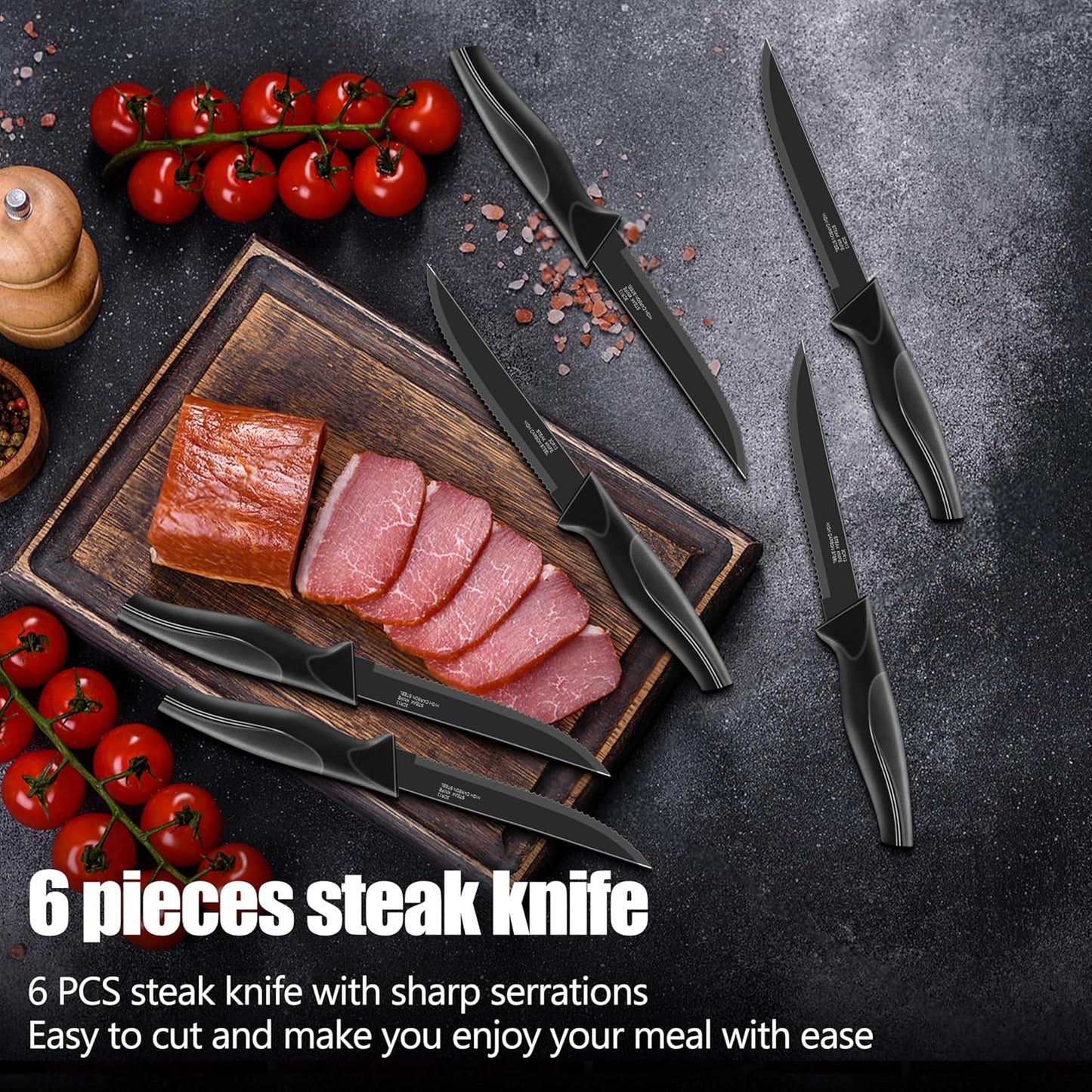 HaWare Knife Set, 21 Pieces Stainless Steel Kitchen Knife Block Set, Black Chef Knife Sets with 6 Steak Kinves, Measuring Spoon & Slicer for Home, Sharp Blade & Light Weight Cutlery, Ergonomic Handle