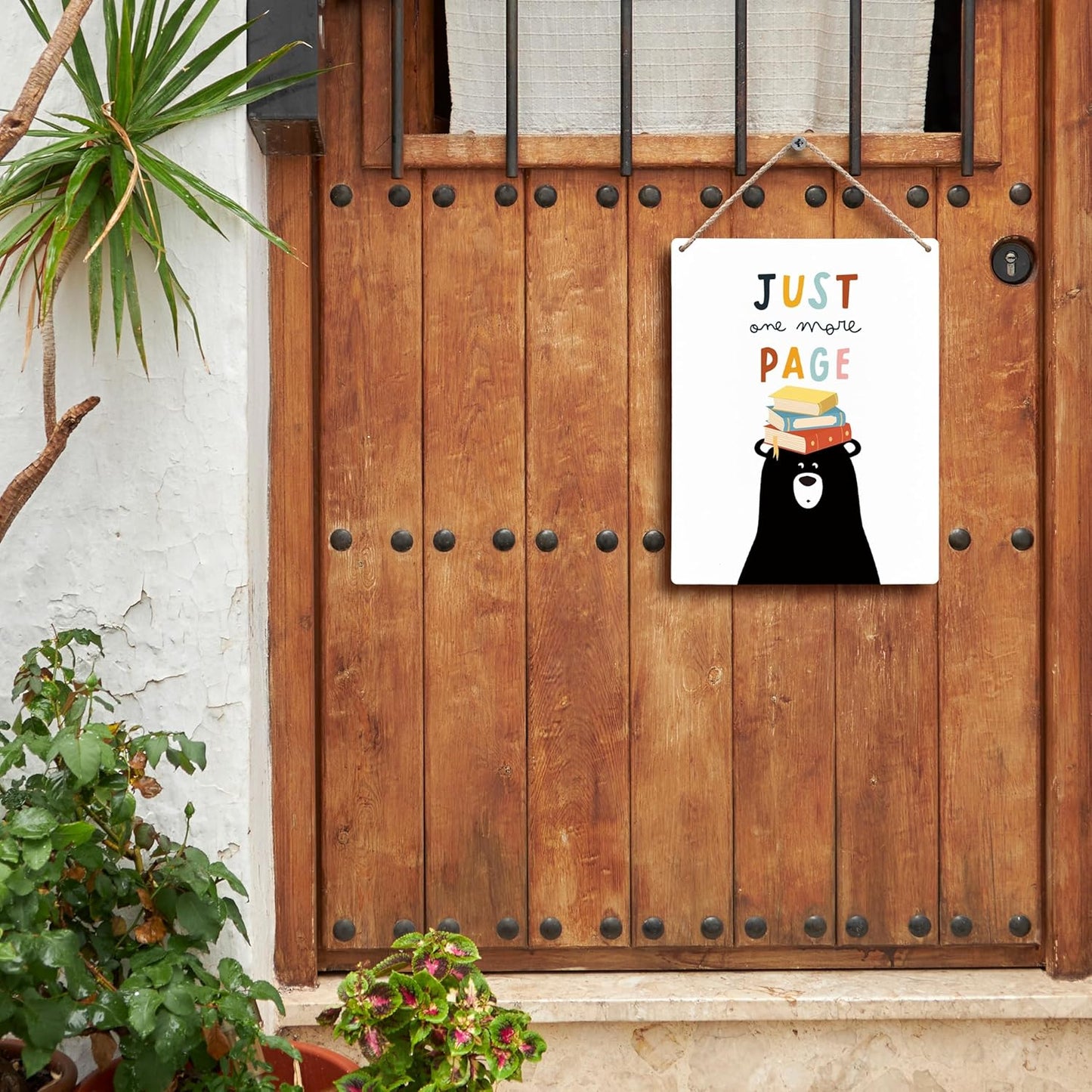 FUGWN Just One More Page Reading Black Bear Hanging Wooden Signs 8x10, Reading Nook Inspirational Classroom Playroom Nursery Wall Decor, Reading Corner Decor Gifts for Book Lovers Kids Girls Boys