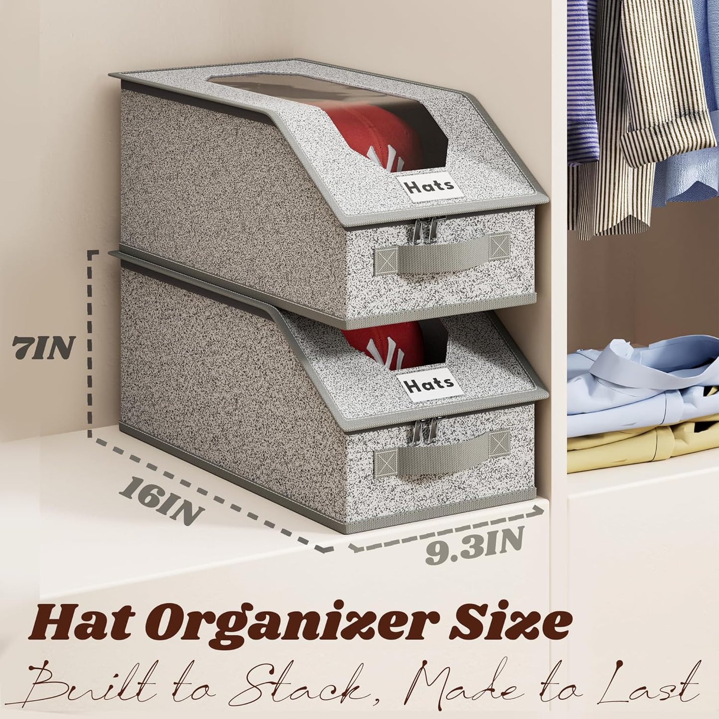 2 PCS Stackable Hat Storage for Baseball Caps, Clear Hat Storage Box with Cardboard, Holds up to 24 Caps, Portable Handle Design, for Closet/Shelf Use, Grey