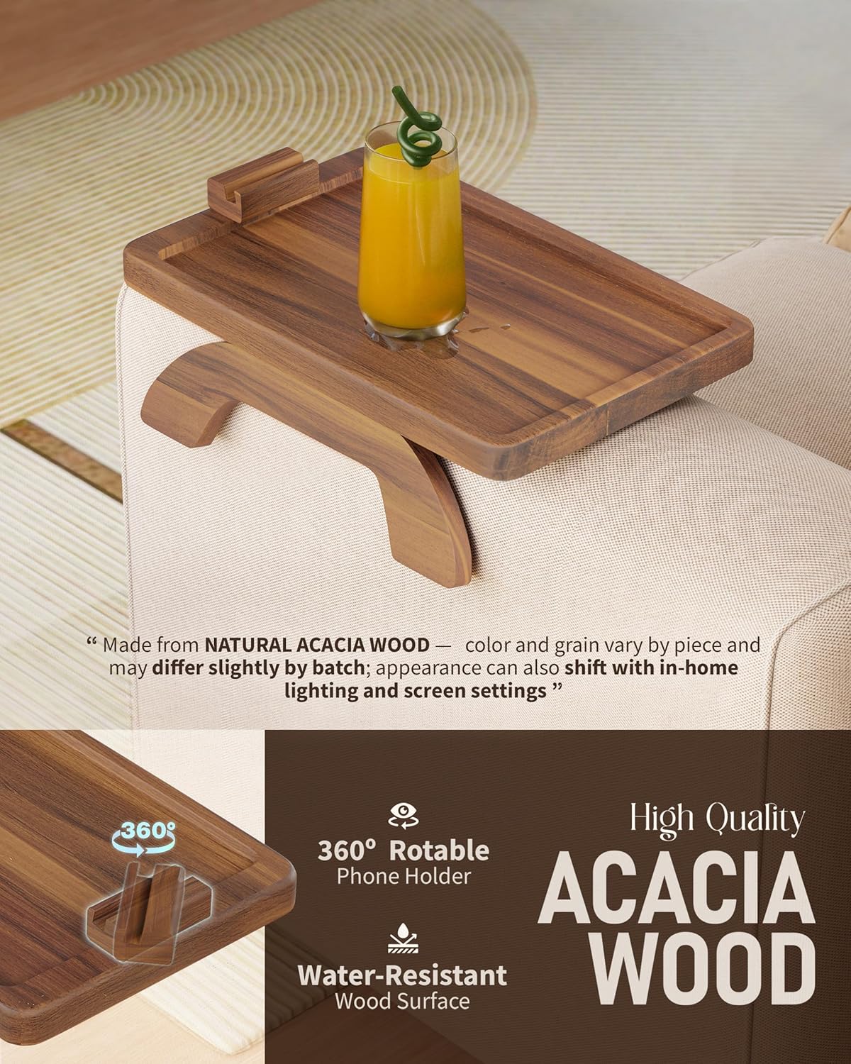 BLUEWEST Sofa Armrest Tray,15.4''x9.8'' Acacia Wood Couch Arm Clip on Tray Table with 360° Rotating Phone Holder –Fits Most Couch Arm Sizes–Non-Slip, Arm Table for TV Dinners, Remote, Drinks & Snacks