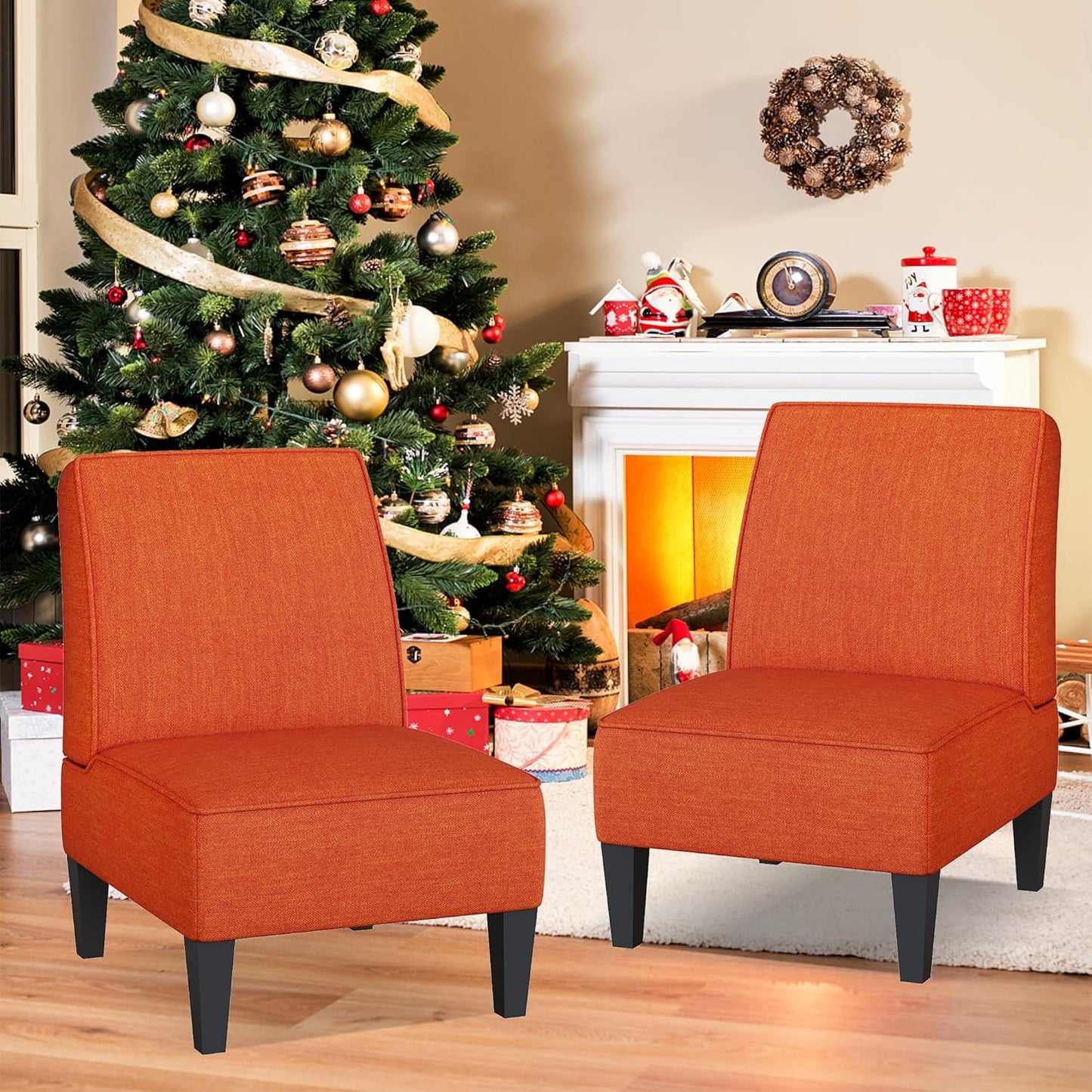 ALISH Accent Chairs Set of 2 Upholstered Living Room Chairs Armless Side Chairs Bedroom Chairs with Curved Backrest and Wooden Legs Orange