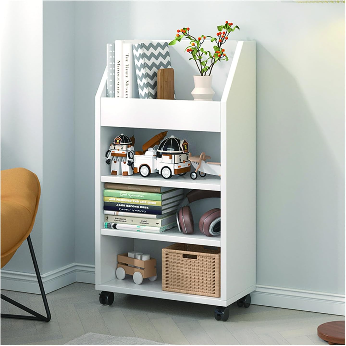 Book Shelf, Wooden Creative Bookcase Tall Bookshelf Shelf Open Display Shelves Book Storage Organizer for Living Room Floor Standing Office Bookshelf Movable 360° Rotation Children Bookcase