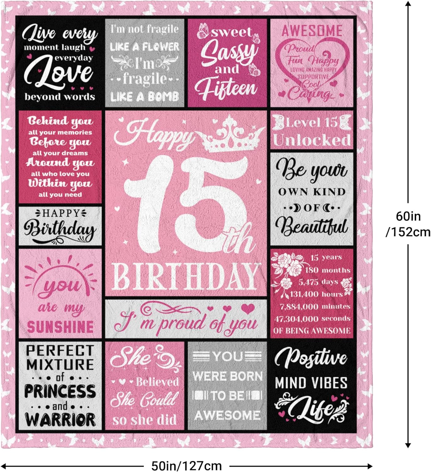 15 Year Old Girl Gifts, Gifts for 15 Year Old Girl,15th Birthday Gift for Girls,15th Birthday Decorations for Girls Blanket 60x50in