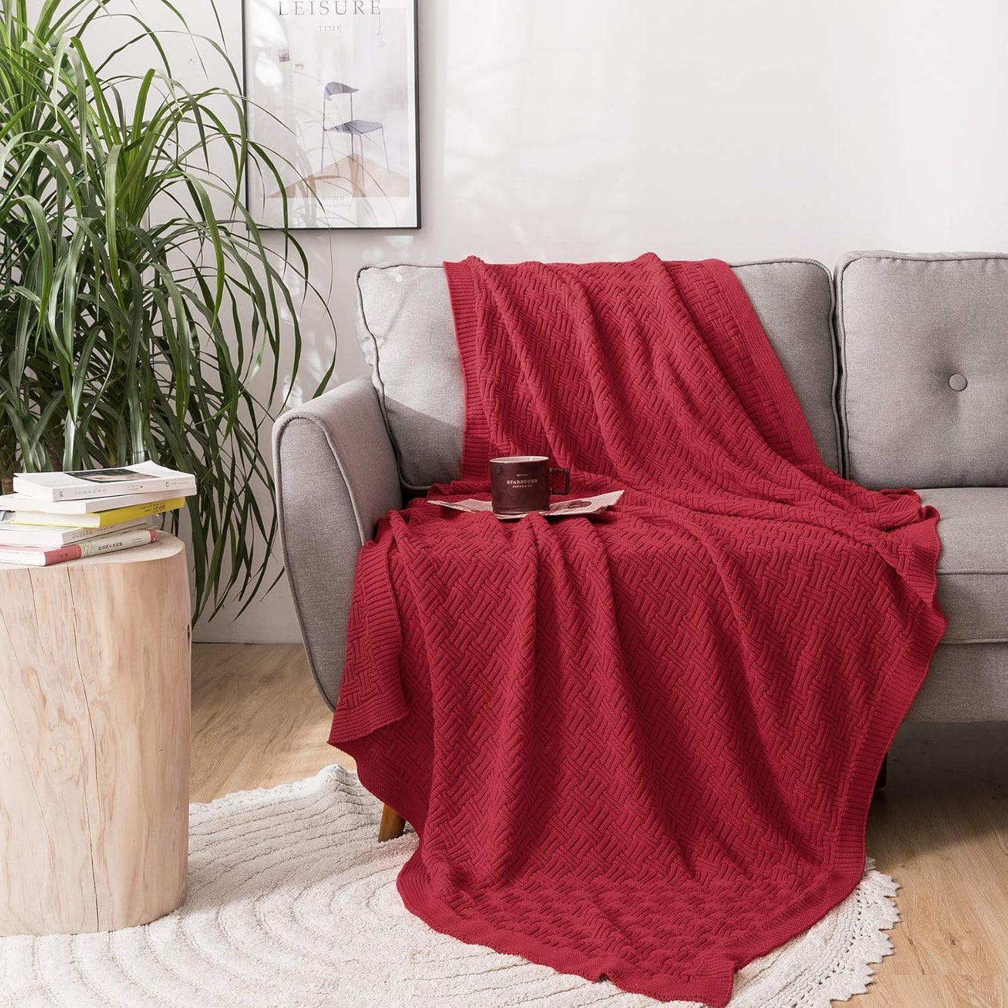 Cotton Red Knit Throw Blanket for Couch Sofa Beach Chair Bed Home Decorative Soft Warm Cozy Cable Lightweight Knitted Blankets, 50 x 60 Inch