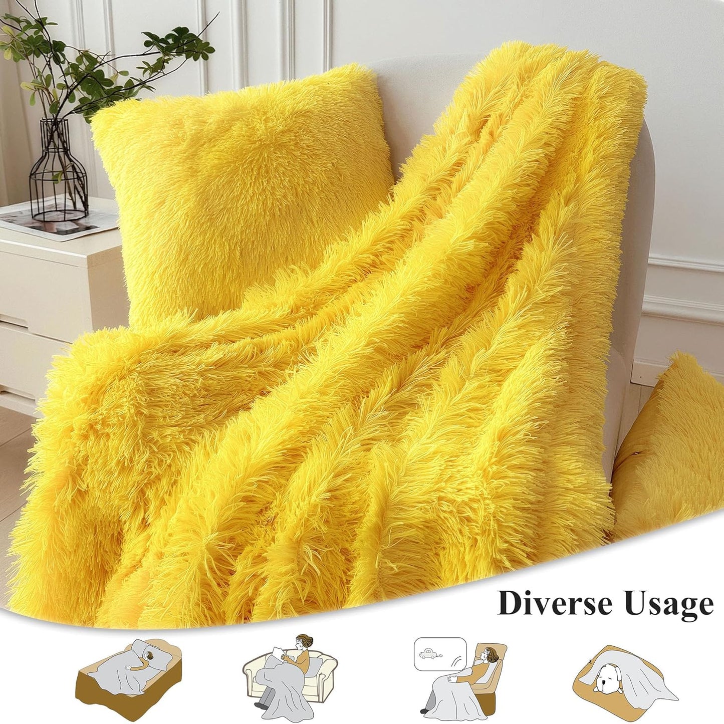 XeGe 3 Pieces Soft Faux Fur Throw Blanket Set, Decoration Fluffy Furry Blanket 50x60, Shaggy Plush Fuzzy Blanket with 2 Throw Pillow Covers 18x18 for Bed Couch Sofa Living Room, Yellow