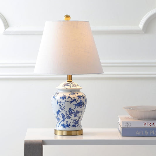 JONATHAN Y 22" Blue/White Ceramic Table Lamp, French Country Chinoiserie Ginger Jar LED Bedside Lamp for Living Room Bedroom, White Linen Shade, JYL3005A