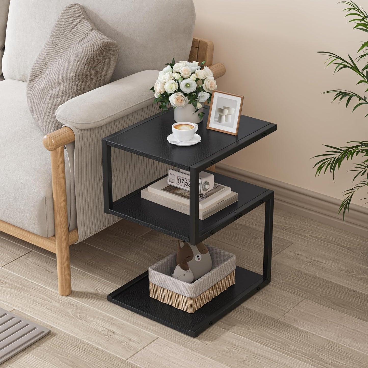 S-Shaped Side Table 3 Tier, Minimalist Nightstand for Small Spaces with Open Storage, Narrow End Table for Living Room Bedroom, Black