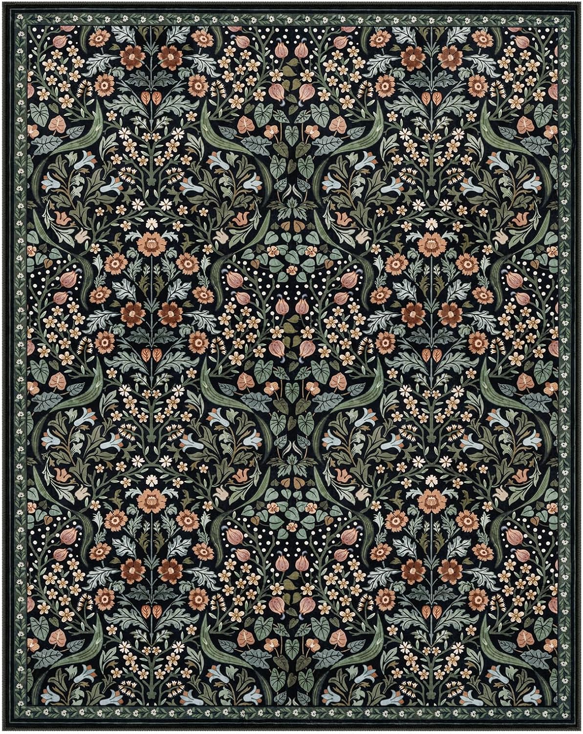 Moynesa Floral Washable Rugs, 8x10 Area Rug for Living Room, Soft Large Boho Bedroom Rug, Botanical Non Slip Ultra Thin Floor Carpet for Dining Room Nursery Office, Black