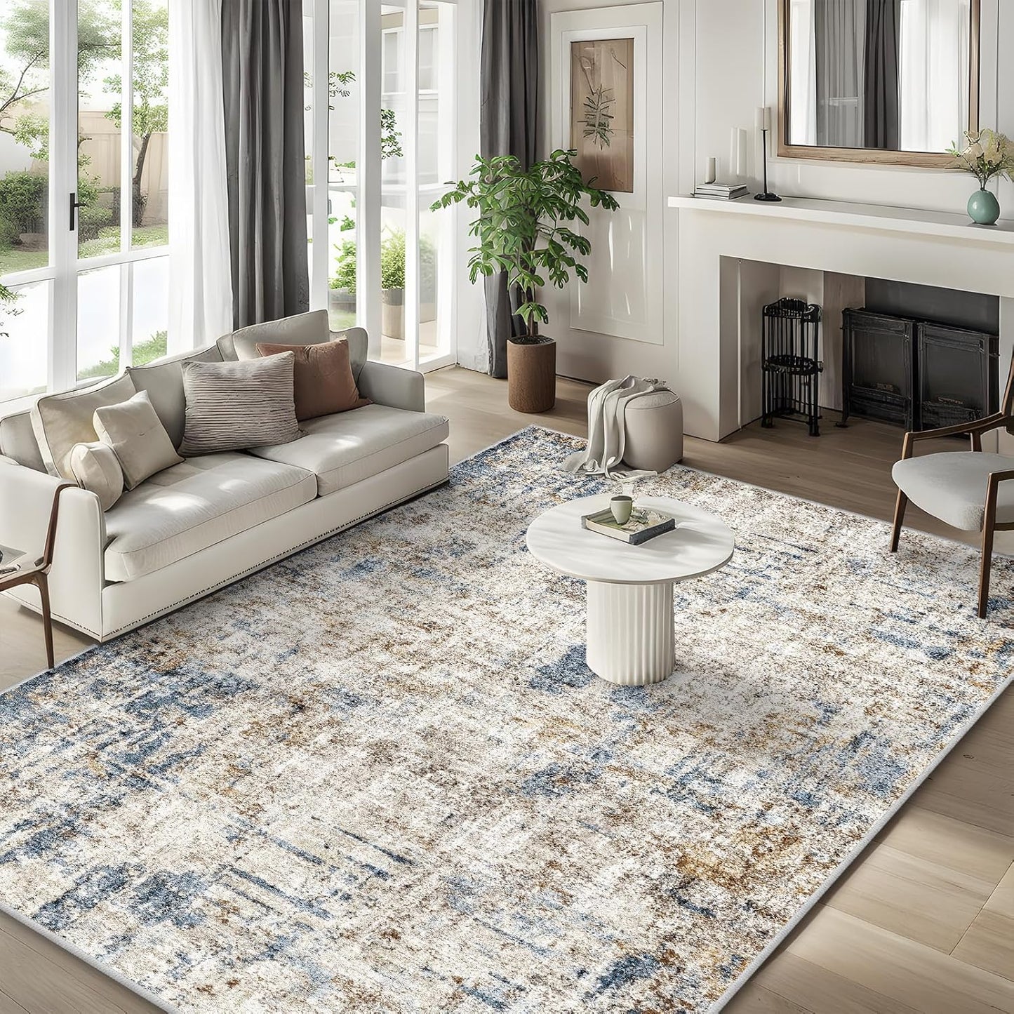 7x7 Square Washable Area Rug, Non-Slip Indoor Rug for Living Room Bedroom Dining Room, Low Pile Stain Resistant Modern Abstract Neutral (Blue Brown)