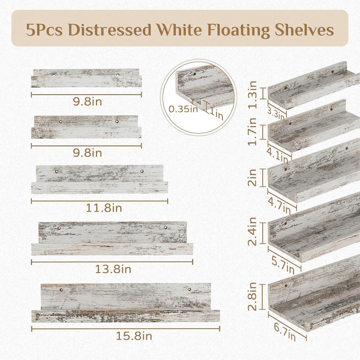 Rustic Shelves Wall-Mounted Distressed White - Farmhouse Wall Shelves 15.8 inch Wood Wall Decor Decorative Small Floating Ledge Shelf for Bedroom Living Room