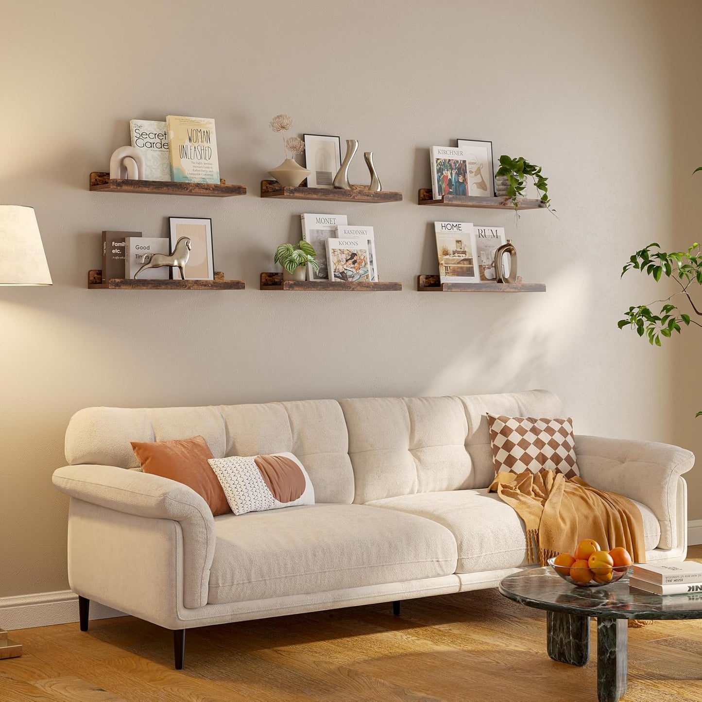 16’’Rustic Brown Floating Shelves for Wall Set of 6,Rustic Wood Shelf for Room Decor/Storage/Display,Small Bookshelf,Wall Mounted Hanging Shelves for Bedroom, Bathroom, Living Room, Kitchen