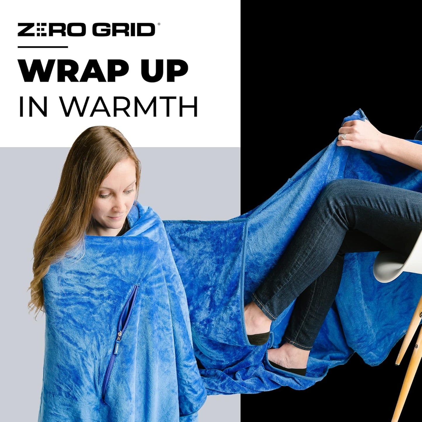 Zero Grid Lightweight Travel Blanket – Premium Compact Wearable Airplane Blanket with Neck Snaps, Cozy Foot Pockets, Zipper Pouch, converts to Soft Pillow for Ultimate Comfort - Royal Blue